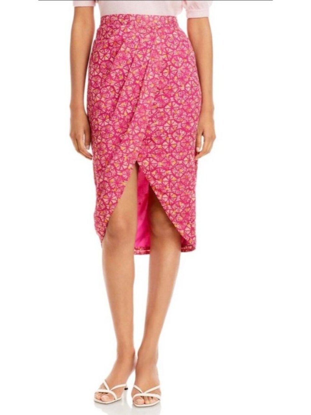 Aqua PINK/GOLD Metallic Printed Wrap Skirt Sz L Lined Coquette Midi Geometric